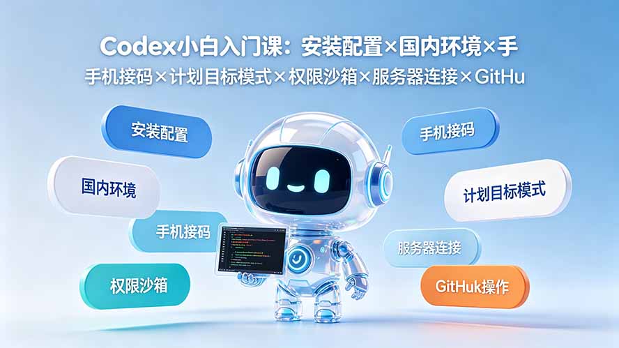 Codex小白入门课：安装配置×国内环境×手机接码×计划目标模式×权限沙箱×服务器连接×GitHub操作-hl998