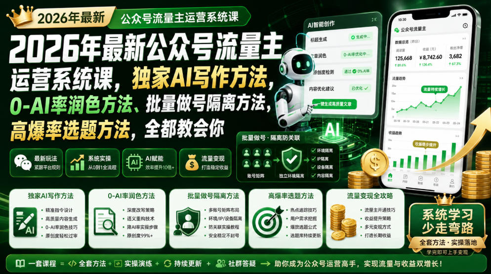 2026年最新公众号流量主运营系统课，独家AI写作方法，0-AI率润色方法、批量做号隔离方法、高爆率选题方法，全都教会你-hl998