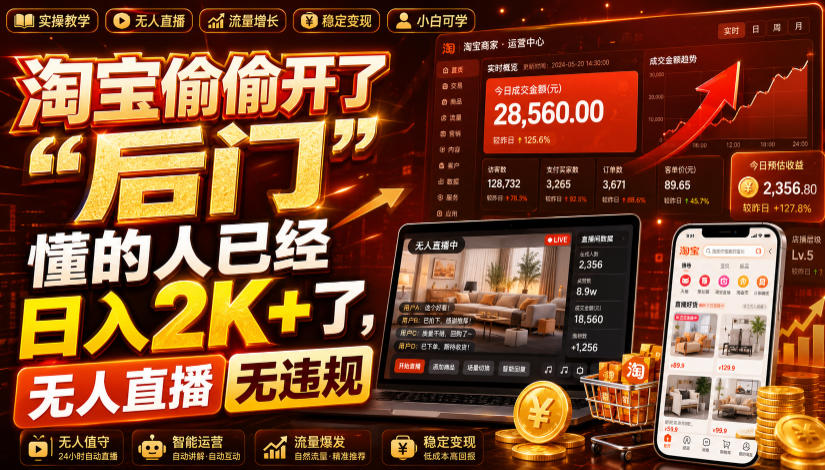 淘宝偷偷开了“后门”，懂的人已经日入2K+了，无人直播无违规，一台电脑=一家24小时营业的线上门店【揭秘】-hl998
