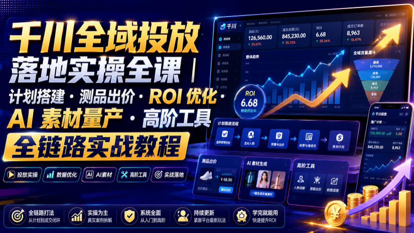千川全域投放落地实操全课｜计划搭建・测品出价・ROI优化・AI素材量产・高阶工具全链路实战教程-hl998