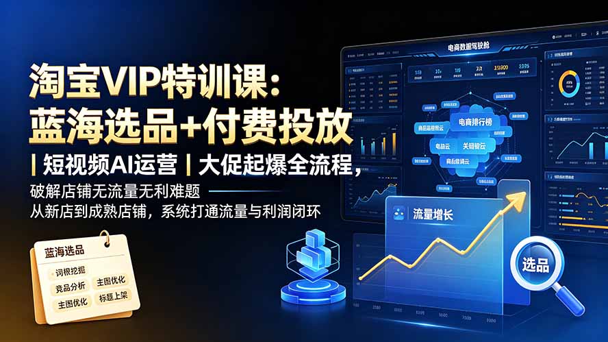 淘宝VIP特训课：蓝海选品+付费投放｜短视频AI运营｜大促起爆全流程，破解店铺无流量无利润难题-hl998
