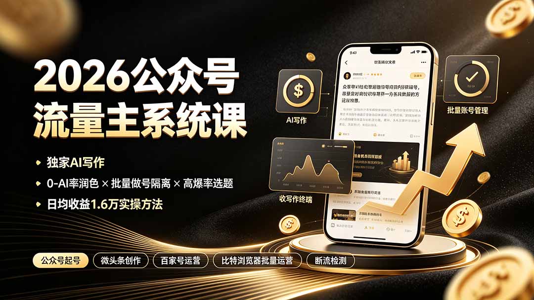2026公众号流量主系统课：独家AI写作×0-AI率润色×批量做号隔离×高爆率选题，日均收益1.6万实操方法-hl998