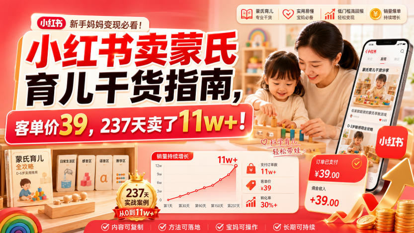 小红书卖蒙氏育儿干货指南，客单价39，237天卖了11w+！-hl998