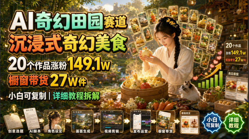 AI奇幻田园赛道，沉浸式奇幻美食，20个作品涨粉149.1W，橱窗带货27W件，小白可复制，详细教程拆解-hl998